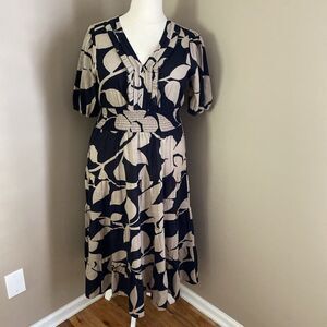 Kings Road Black & Beige Smocked Boho Midi Tiered Cotton V Neck dress size 1X